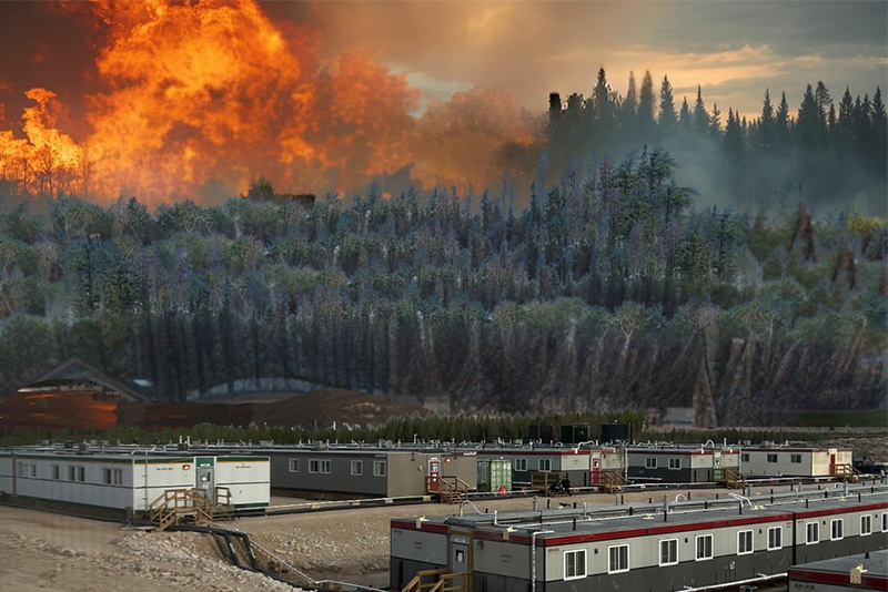 Modular units used for emergency relief with a forest fire in the background