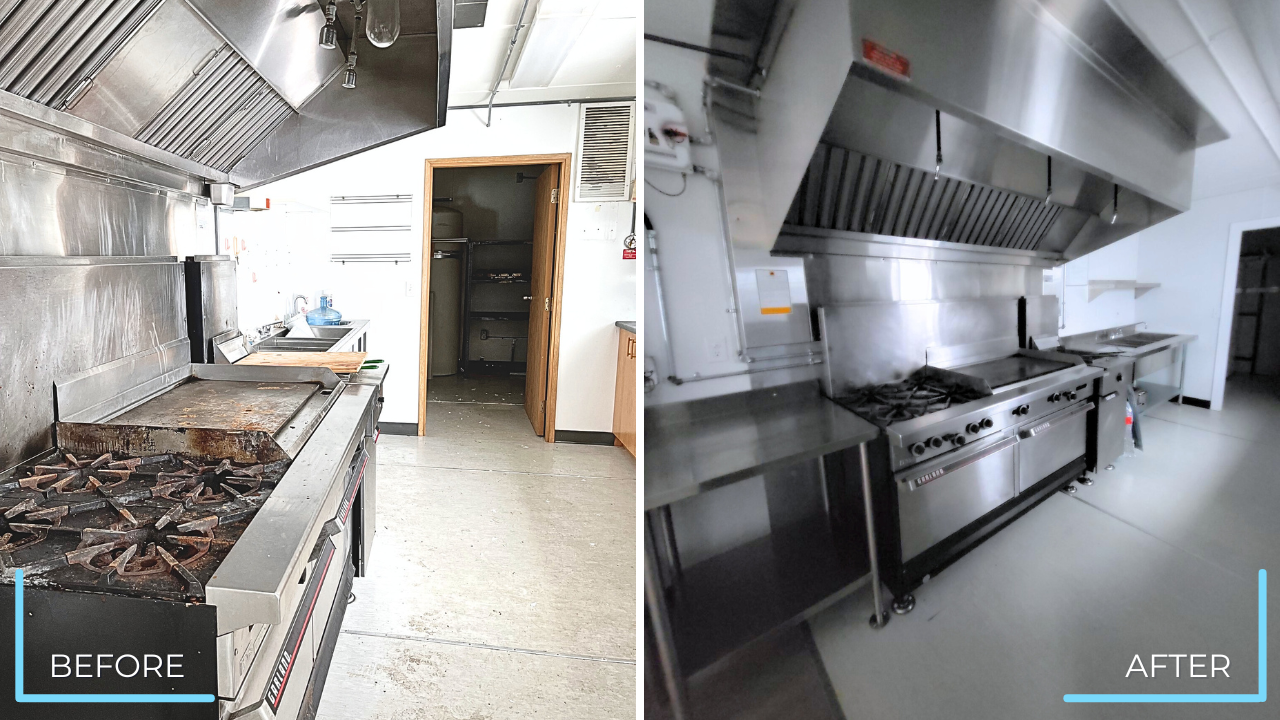 Before and after comparison of an Untapped Modulars unit kitchen interior showing updated finishes, improved layout, and modernized design.