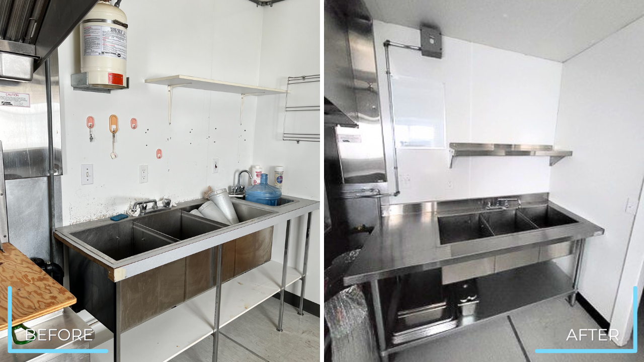 Before and after comparison of an Untapped Modulars unit kitchen interior showing updated finishes, improved layout, and modernized design.