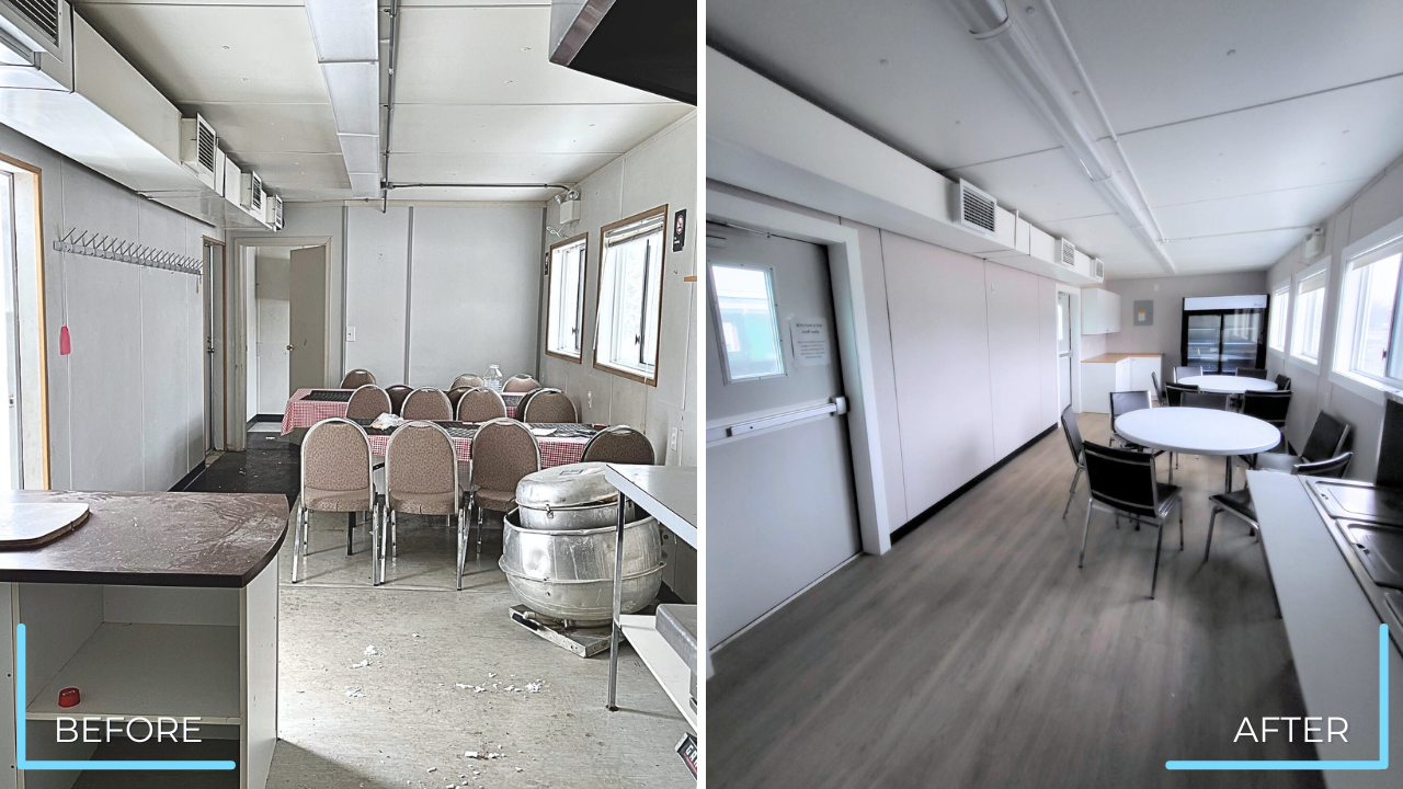 Before and after comparison of an Untapped Modulars interior dining area showing updated finishes, improved layout, and modernized design.